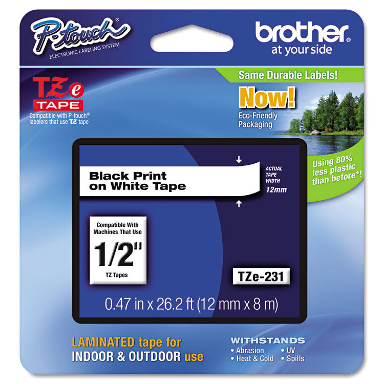 Brother P-Touch® TZe Standard Adhesive Laminated Labeling Tape, 0.47" x 26.2 ft, Black on White (BRTTZE231)