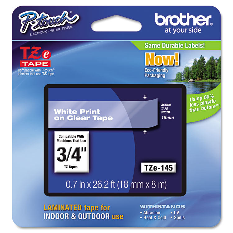 Brother P-Touch® TZe Standard Adhesive Laminated Labeling Tape, 0.7" x 26.2 ft, White on Clear (BRTTZE145)