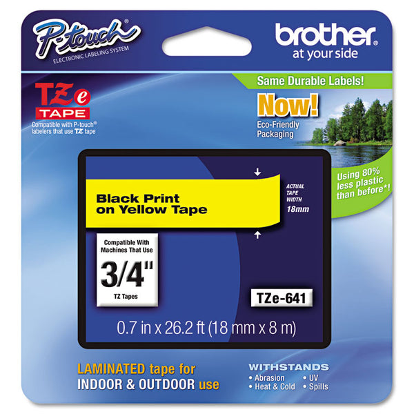 Brother P-Touch® TZe Standard Adhesive Laminated Labeling Tape, 0.7" x 26.2 ft, Black on Yellow (BRTTZE641)