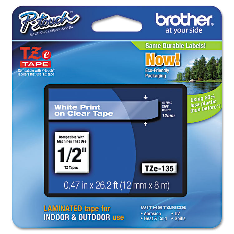 Brother P-Touch® TZe Standard Adhesive Laminated Labeling Tape, 0.47" x 26.2 ft, White on Clear (BRTTZE135)