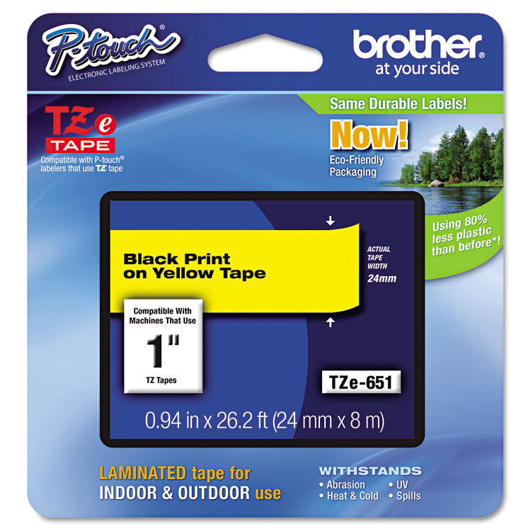 Brother P-Touch® TZe Standard Adhesive Laminated Labeling Tape, 0.94" x 26.2 ft, Black on Yellow (BRTTZE651)