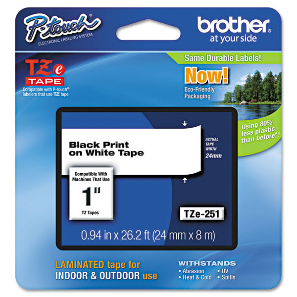 Brother P-Touch® TZe Standard Adhesive Laminated Labeling Tape, 0.94" x 26.2 ft, Black on White (BRTTZE251)