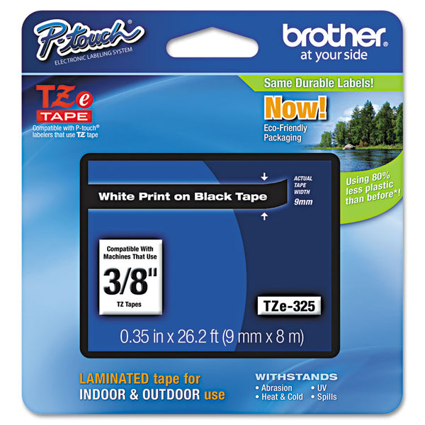 Brother P-Touch® TZe Standard Adhesive Laminated Labeling Tape, 0.35" x 26.2 ft, White on Black (BRTTZE325)