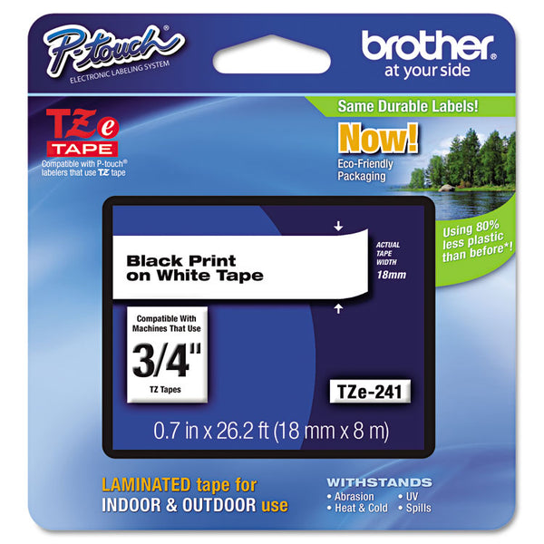 Brother P-Touch® TZe Standard Adhesive Laminated Labeling Tape, 0.7" x 26.2 ft, Black on White (BRTTZE241)