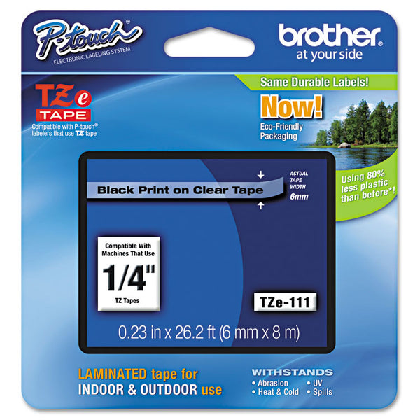 Brother P-Touch® TZe Standard Adhesive Laminated Labeling Tape, 0.23" x 26.2 ft, Black on Clear (BRTTZE111)