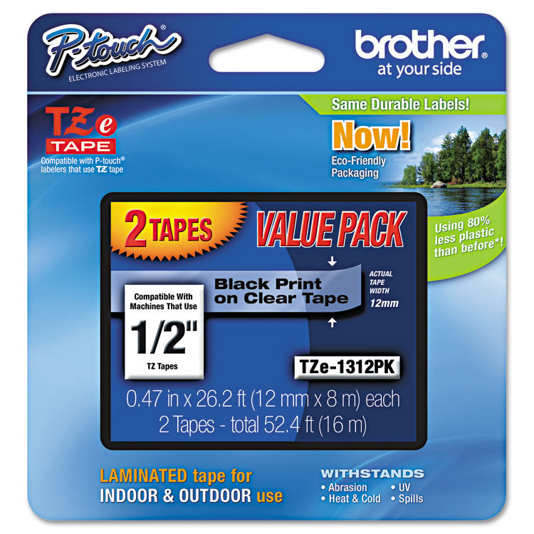 Brother P-Touch® TZe Standard Adhesive Laminated Labeling Tapes, 0.47" x 26.2 ft, Black on Clear, 2/Pack (BRTTZE1312PK)