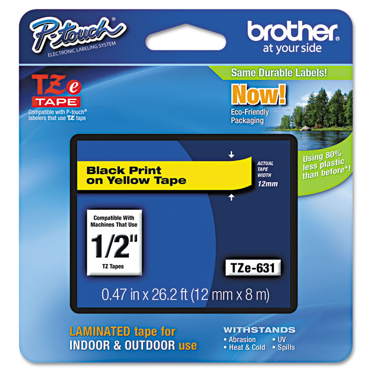 Brother P-Touch® TZe Standard Adhesive Laminated Labeling Tape, 0.47" x 26.2 ft, Black on Yellow (BRTTZE631)