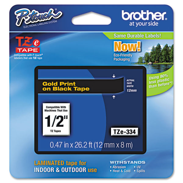 Brother P-Touch® TZe Standard Adhesive Laminated Labeling Tape, 0.47" x 26.2 ft, Gold on Black (BRTTZE334)