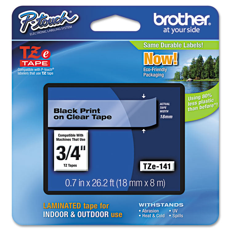 Brother P-Touch® TZe Standard Adhesive Laminated Labeling Tape, 0.7" x 26.2 ft, Black on Clear (BRTTZE141)