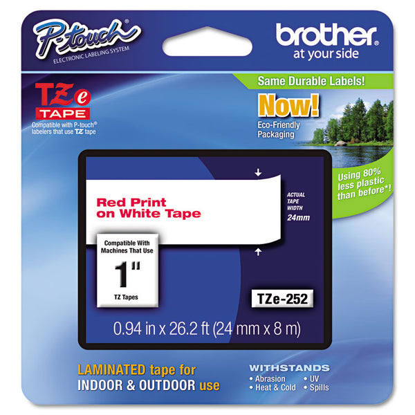 Brother P-Touch® TZe Standard Adhesive Laminated Labeling Tape, 0.94" x 26.2 ft, Red on White (BRTTZE252)