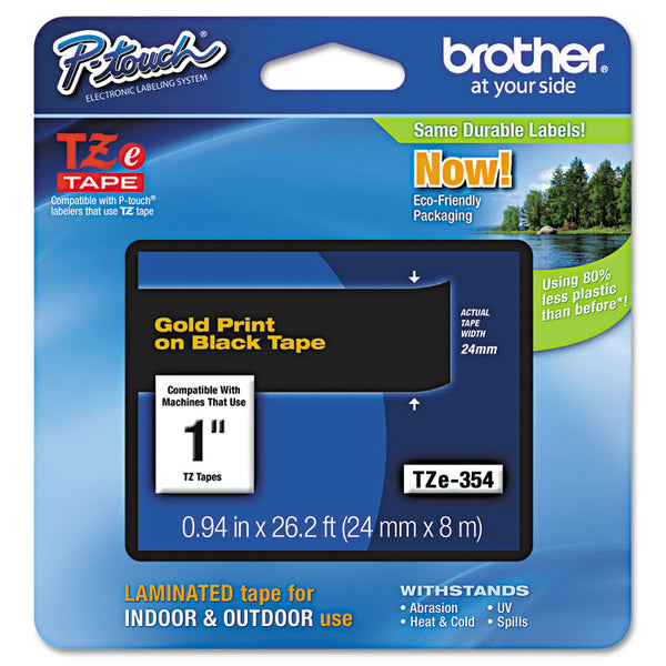 Brother P-Touch® TZe Standard Adhesive Laminated Labeling Tape, 0.94" x 26.2 ft, Gold on Black (BRTTZE354)