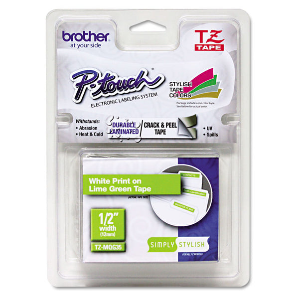 Brother P-Touch® TZ Standard Adhesive Laminated Labeling Tape, 0.47" x 16.4 ft, White/Lime Green (BRTTZEMQG35)