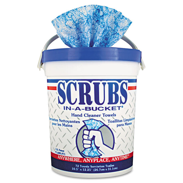 SCRUBS® Hand Cleaner Towels, Cloth, 10 x 12, Citrus, Blue/White, 72/Bucket (ITW42272EA)