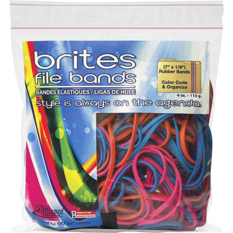Brites File Rubber Bands, 7&quot; x 1/8&quot;, 50 Count, Yellow, Blue, Lime (ALL07800) Bag of 50