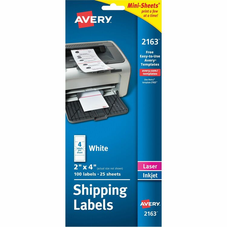 Avery&reg; Mini Sheets Laser/Ink Jet Labels, 2"x4" Size, White, 100 per Pack (AVE2163)