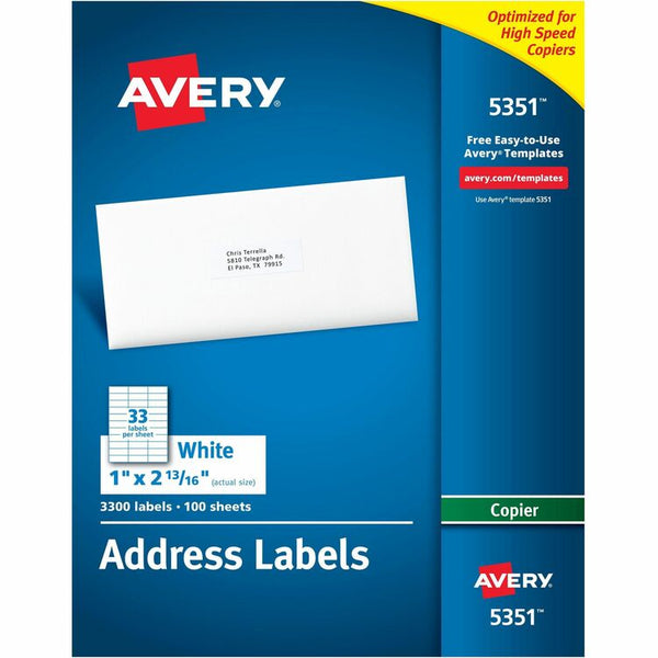 Avery&reg; Copier Mailing Labels, Copiers, 1 x 2.81, White, 33/Sheet, 100 Sheets/Box (AVE5351)