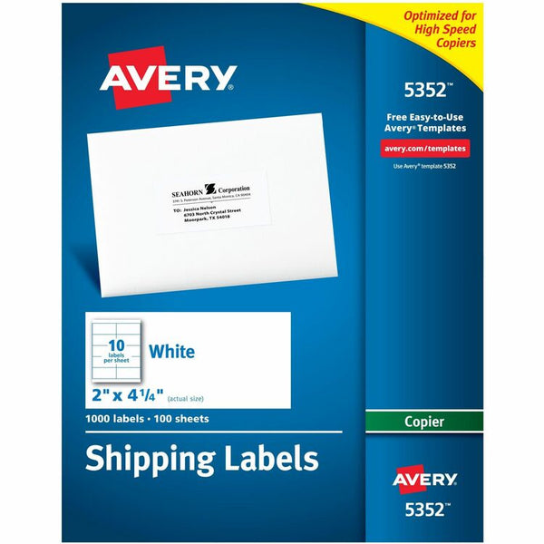 Avery Copier Mailing Labels, Copiers, 2 x 4.25, White, 10/Sheet, 100 Sheets/Box (AVE5352)