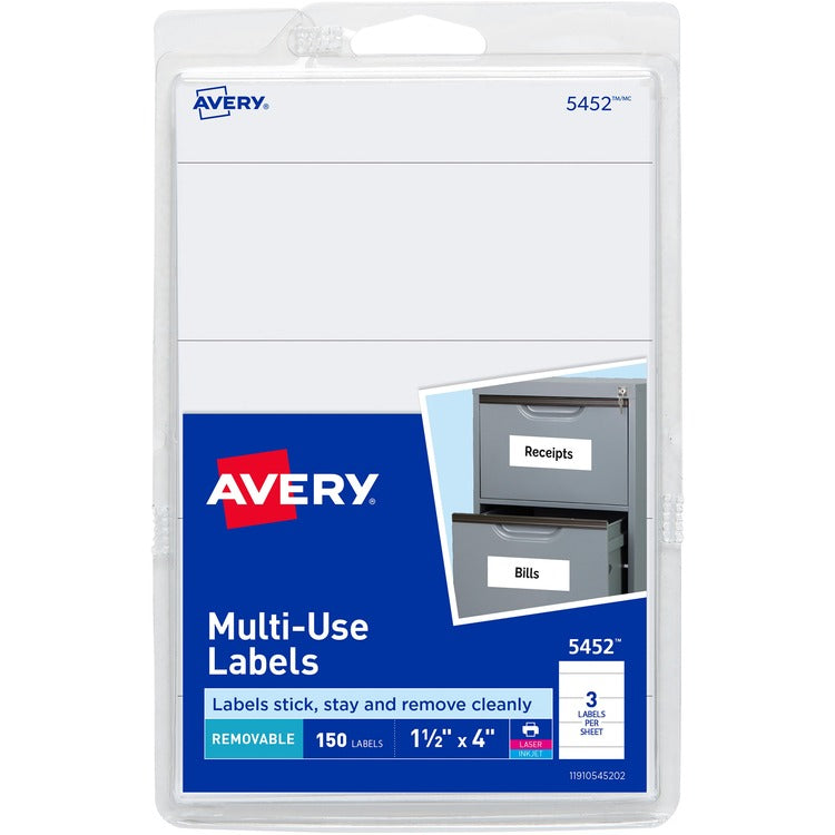 Avery&reg; Self Adhesive White Removable Labels, Rectangular, 1 1/2"x4", 150 per Pack (AVE05452) Pack of 150