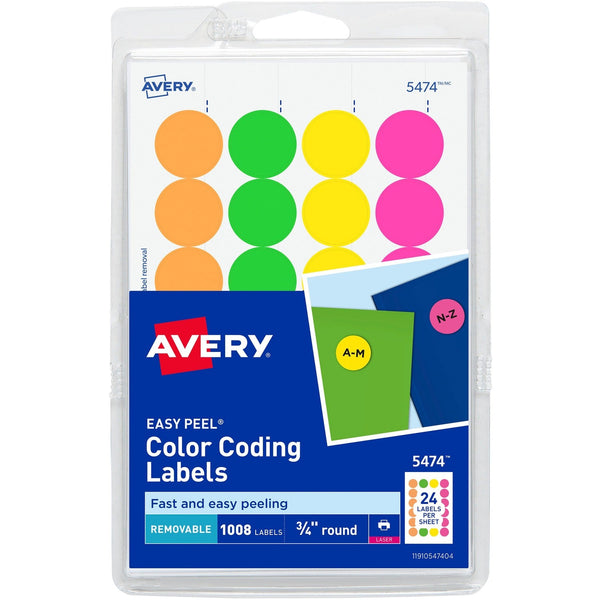 Avery&reg; Removable Labels, 3/4" Round, FLGN/OR/RD/YW (AVE05474)