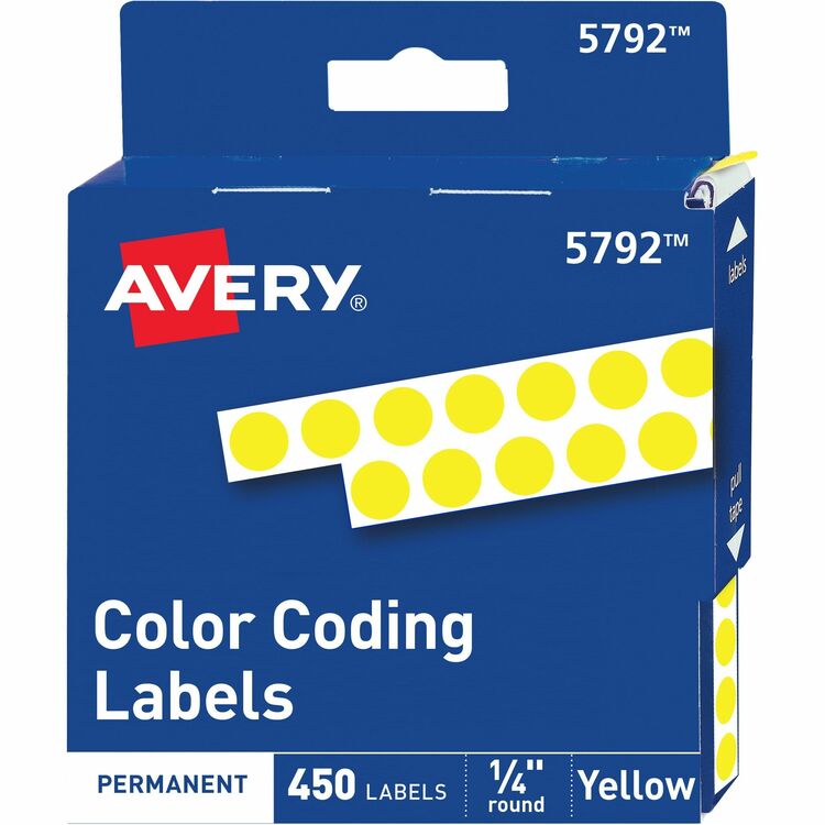 Avery&reg; Self Adhesive Round Permanent Labels, 1/4" meter Yellow, Dispenser Roll, 450 per Pack (AVE05792)