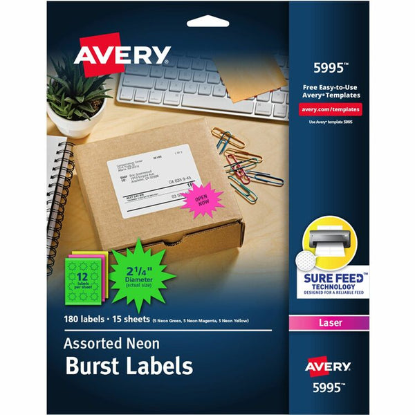 Avery&reg; Fluorescent Burst Laser Labels, 2 1/4" meter, 180 per Pack (AVE5995)