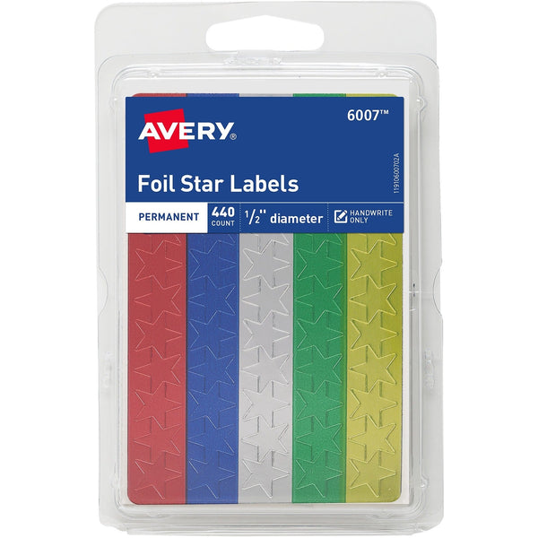 Avery&reg; Self Adhesive 1/2" Assorted Color Foil Stars, 440 per Pack (AVE06007)