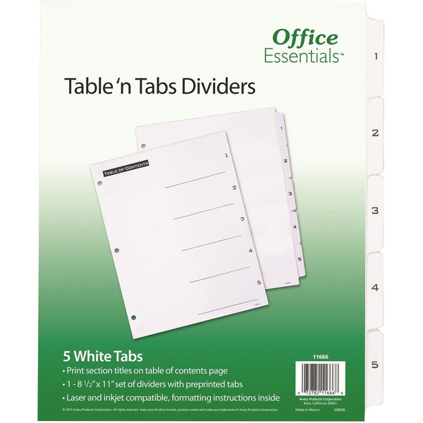 Avery&reg; Table 'n Tabs Dividers, 5-Tab, 1 to 5, 11 x 8.5, White, 1 Set (AVE11666)