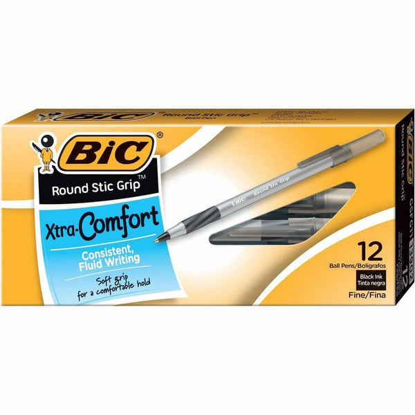 BIC Round Stic Grip Xtra Comfort Stick Ballpoint Pen, 0.8mm, Black Ink, Gray Barrel, Dozen (BICGSFG11BK)