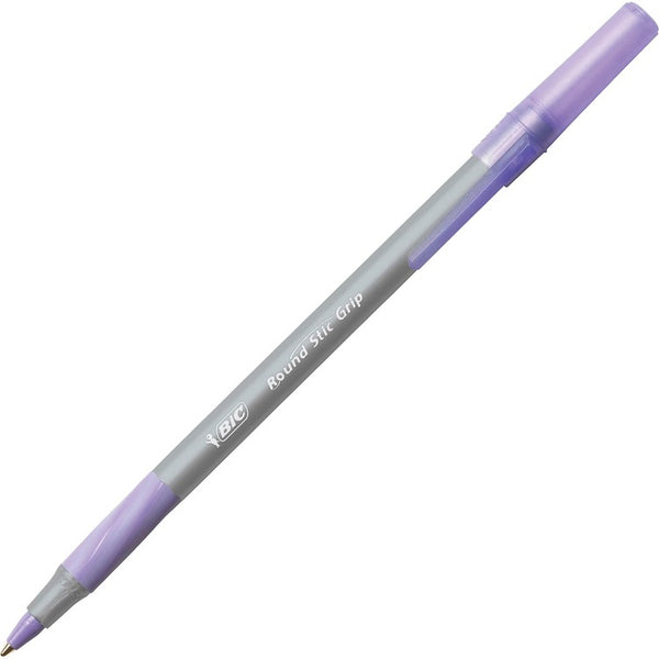 BIC Round Stic Grip Xtra Comfort Stick Ballpoint Pen, 1.2mm, Purple Ink, Gray Barrel, Dozen (BICGSMG11PE)