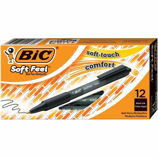 BIC Soft Feel Retractable Ballpoint Pen, Medium 1mm, Black Ink/Barrel, Dozen (BICSCSM11BK)