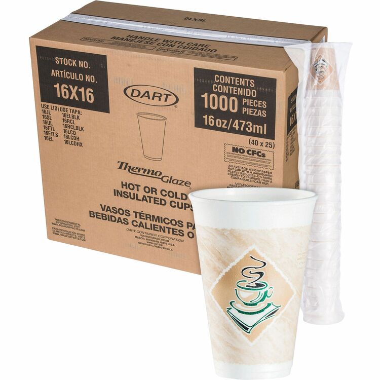 Dart Café G Foam Hot/Cold Cups, 16oz, White w/Brown & Green, 1000/Carton (DCC16X16G) Case of 1000