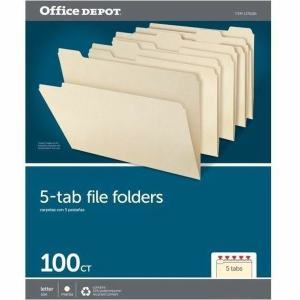 Pendaflex Manila File Folders, Recycled, Top Tab, 1/5 Cut, Assorted, Letter, 100/Box (PFX75215) Box of 100