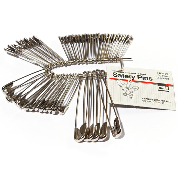 CLI Safety Pins, Nickel-Plated, Steel, Assorted Sizes, 50/Pack (LEO83450) Pack of 50
