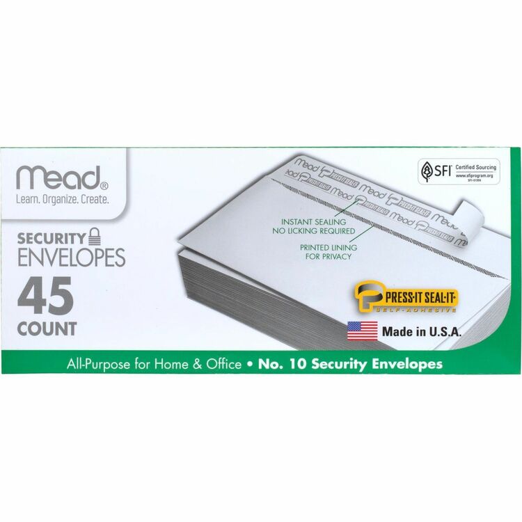 Mead Security Envelopes, Self Sealing, #10, 45/Box, White (MEA75026) Box of 45