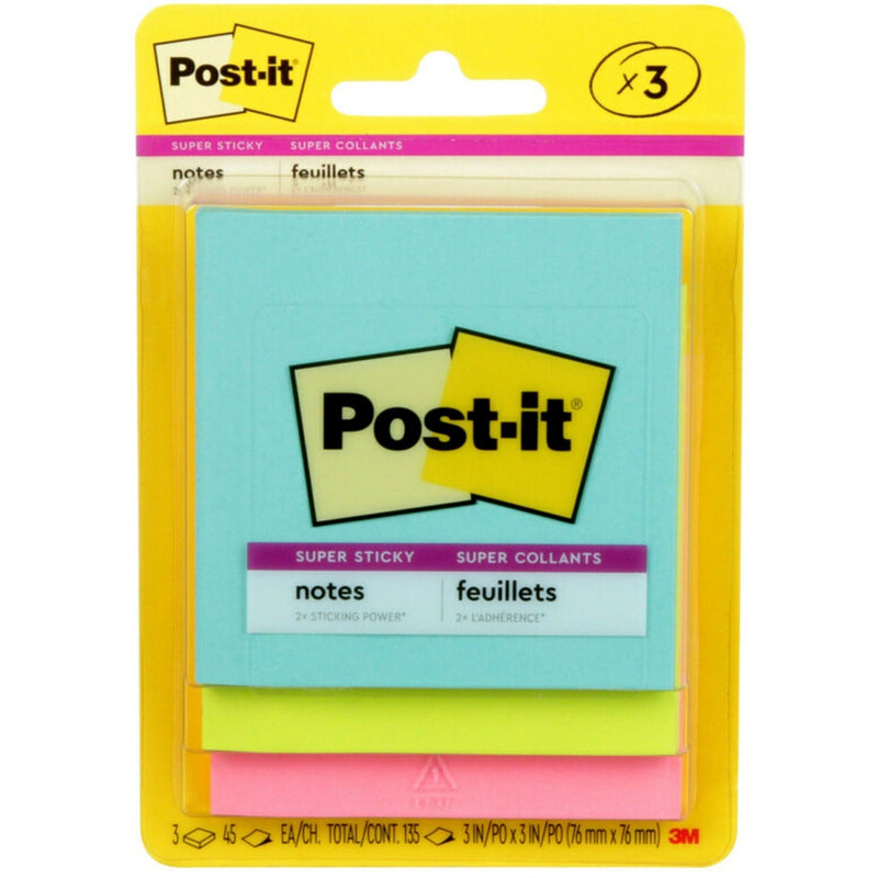 Post-it&reg; Note Pads, 3&quot;x3&quot;, 3 Pads, Blue/Purple/Yellow (MMM3321SSAN) Pack of 3