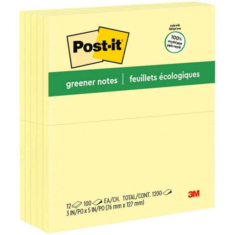 Post-it&reg; Original Recycled Note Pads, 3" x 5", Canary Yellow, 100 Sheets/Pad, 12 Pads/Pack (MMM655RPYW) Pack of 12