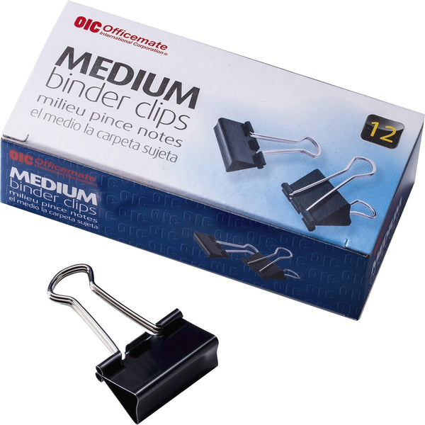 Officemate Binder Clips, Medium, 1 1/4&quot; Wide, 5/8&quot; Cap, Black/Silver (OIC99050) Box of 12
