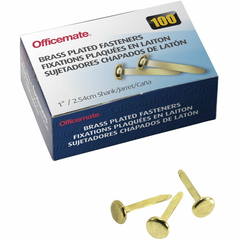 Officemate Roundhead Fastener, 1&quot; Shank, 3/8&quot; Head, Brass Plated (OIC99814) Box of 100