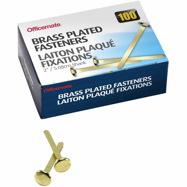 Officemate Roundhead Fastener, 2&quot; Shank, 1/2&quot; Head, Brass Plated (OIC99817) Box of 100