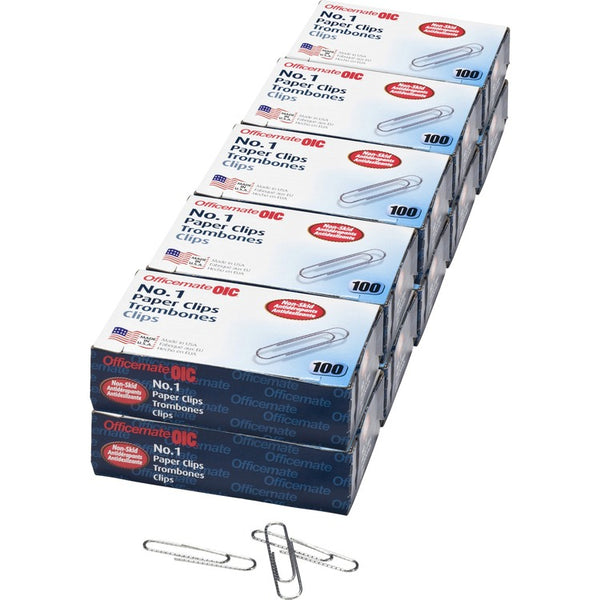 Officemate Gem Clips, Size 1, Standard, Non Skid, .034 Gauge, Silver, Box of 10 (OIC99912) Box of 10