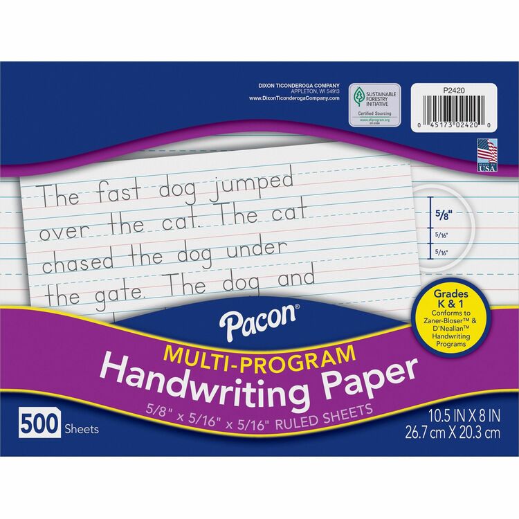 Pacon Multi-Program Handwriting Paper, 16 lb, 5/8" Long Rule, One-Sided, 8 x 10.5, 500/Pack (PAC2420) Pack of 500