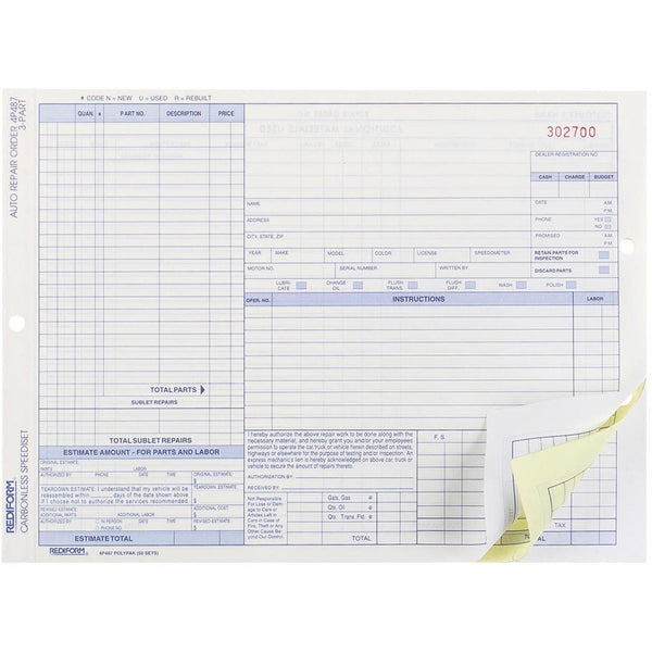Rediform Auto Repair Order Form, Speediset, 3 Parts, 8 1/2&quot;x11&quot; (RED4P487) Pack of 50