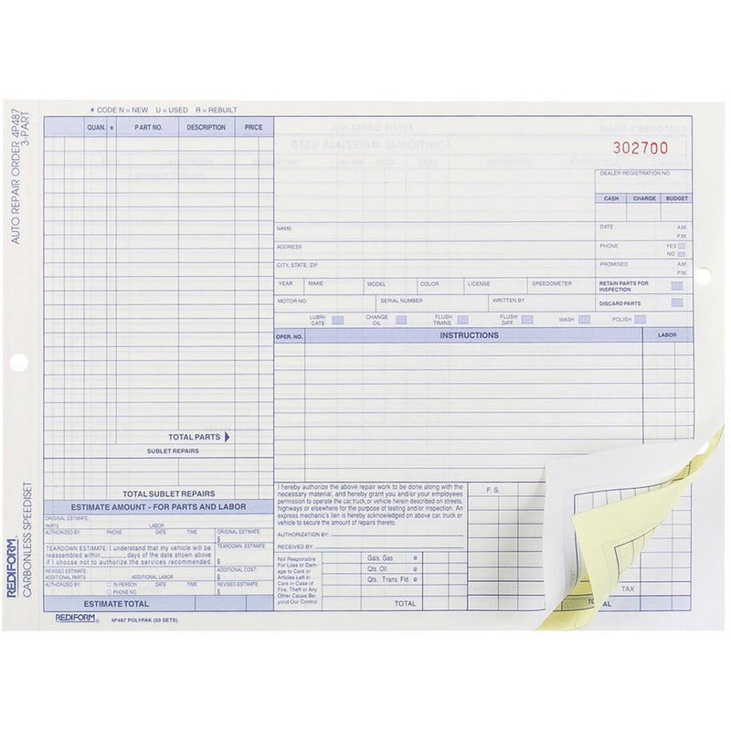 Rediform Auto Repair Order Form, Speediset, 3 Parts, 8 1/2&quot;x11&quot; (RED4P487) Pack of 50