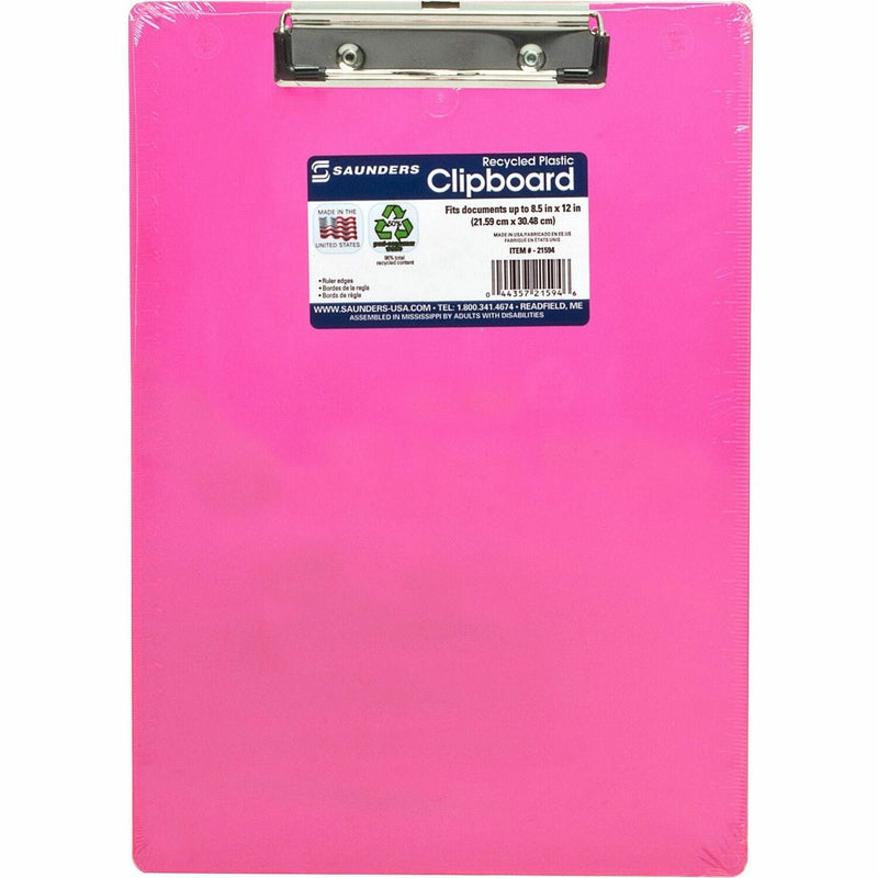 Saunders Plastic Clipboard, Letter, Holds 1/2&quot; of Paper, Neon Pink (SAU21594) Each