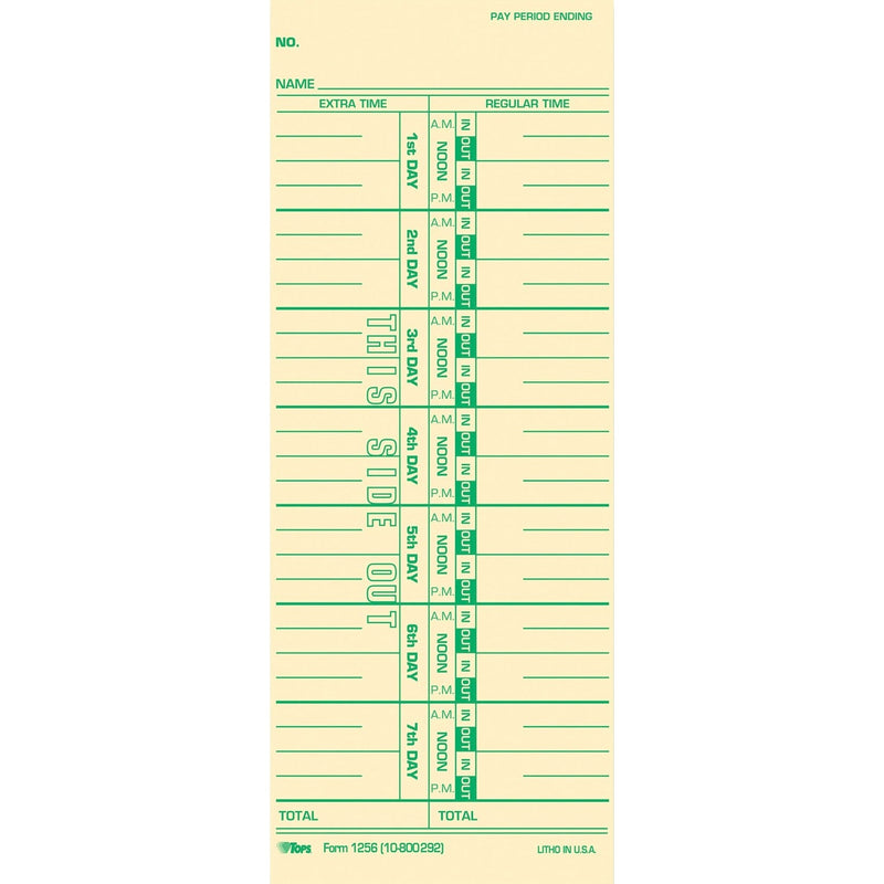 TOPS Time Cards, Numbered Days, 100/Pack, 3 1/2&quot;x9&quot; (TOP12563)