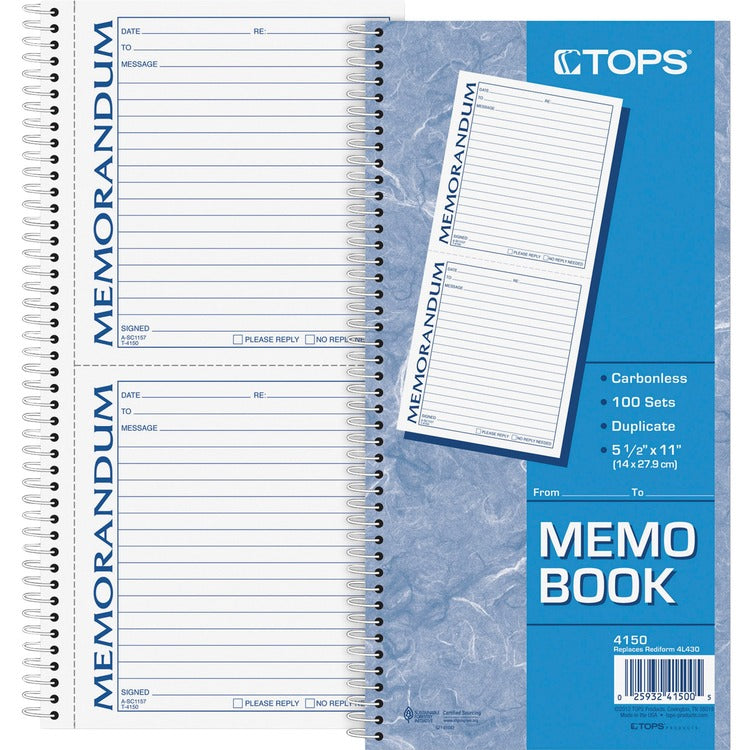 TOPS Memorandum Book, Two-Part Carbonless, 5 x 5.5, 2/Page, 100 Forms (TOP4150)