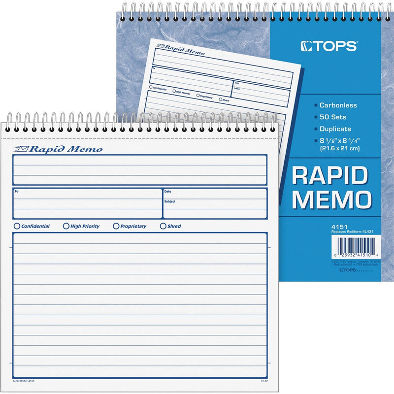 TOPS Spiralbound Rapid Memo Book, Duplicate Carbonless, 8 1/2x8 1/4, 50 Sets/Black (TOP4151) Each