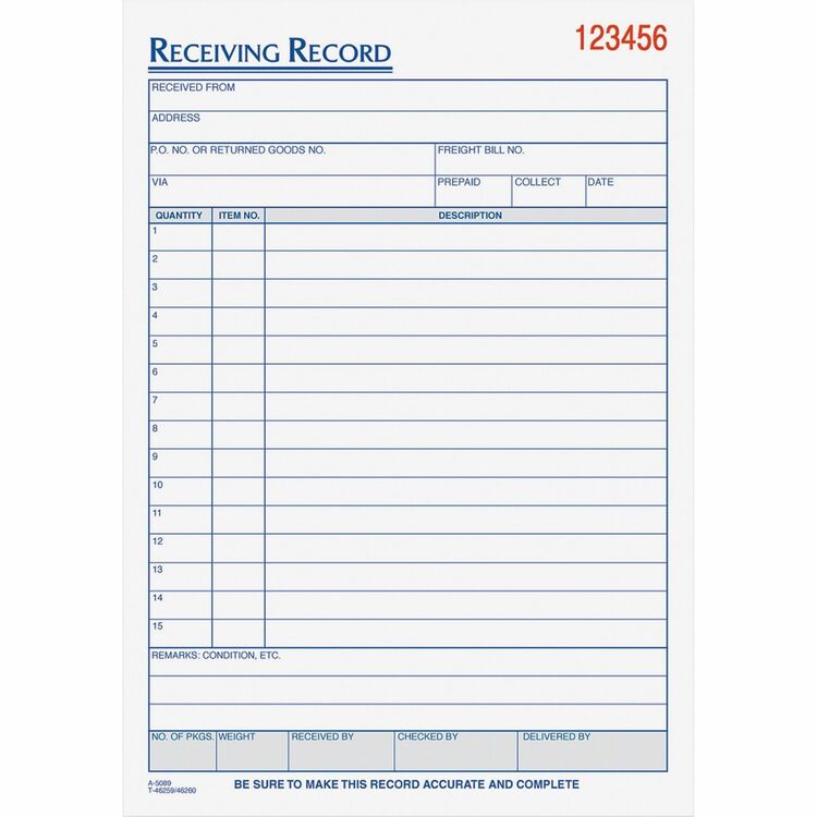 TOPS Receiving Record Book, Three-Part Carbonless, 5.56 x 7.94, 50 Forms (TOP46260) Each