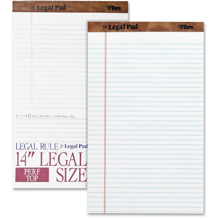 TOPS The Legal Pad Ruled Perforated Pads, Wide/Legal Rule, 50 White 8.5 x 14 Sheets, Dozen (TOP7573) Pack of 12