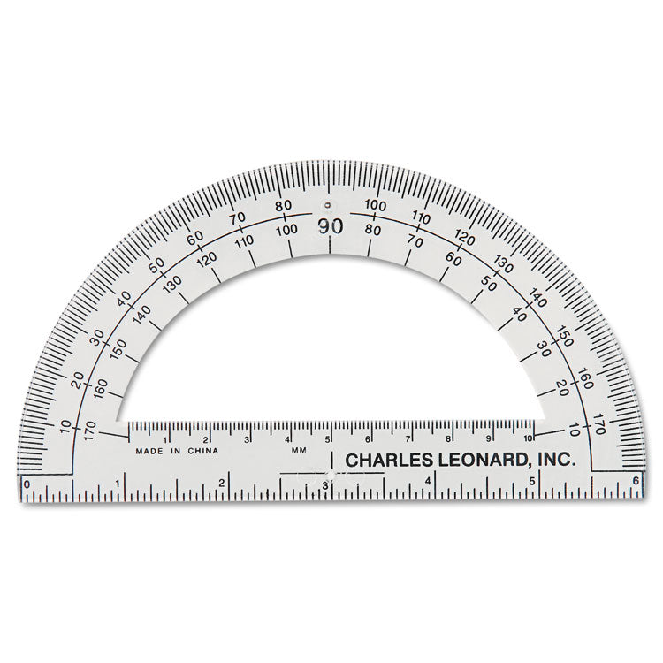 Charles Leonard® Open Center Protractor, Plastic, 6" Ruler Edge, Clear, Dozen (LEO77106) Box of 12